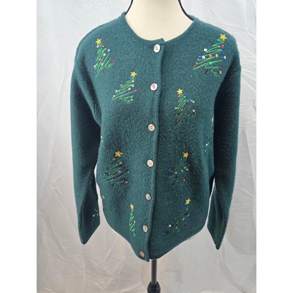 Lord‎ & Taylor Women's Green Christmas Tree Embellished Cardigan Sweater M